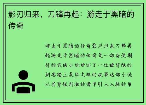 影刃归来，刀锋再起：游走于黑暗的传奇