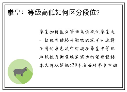 拳皇：等级高低如何区分段位？